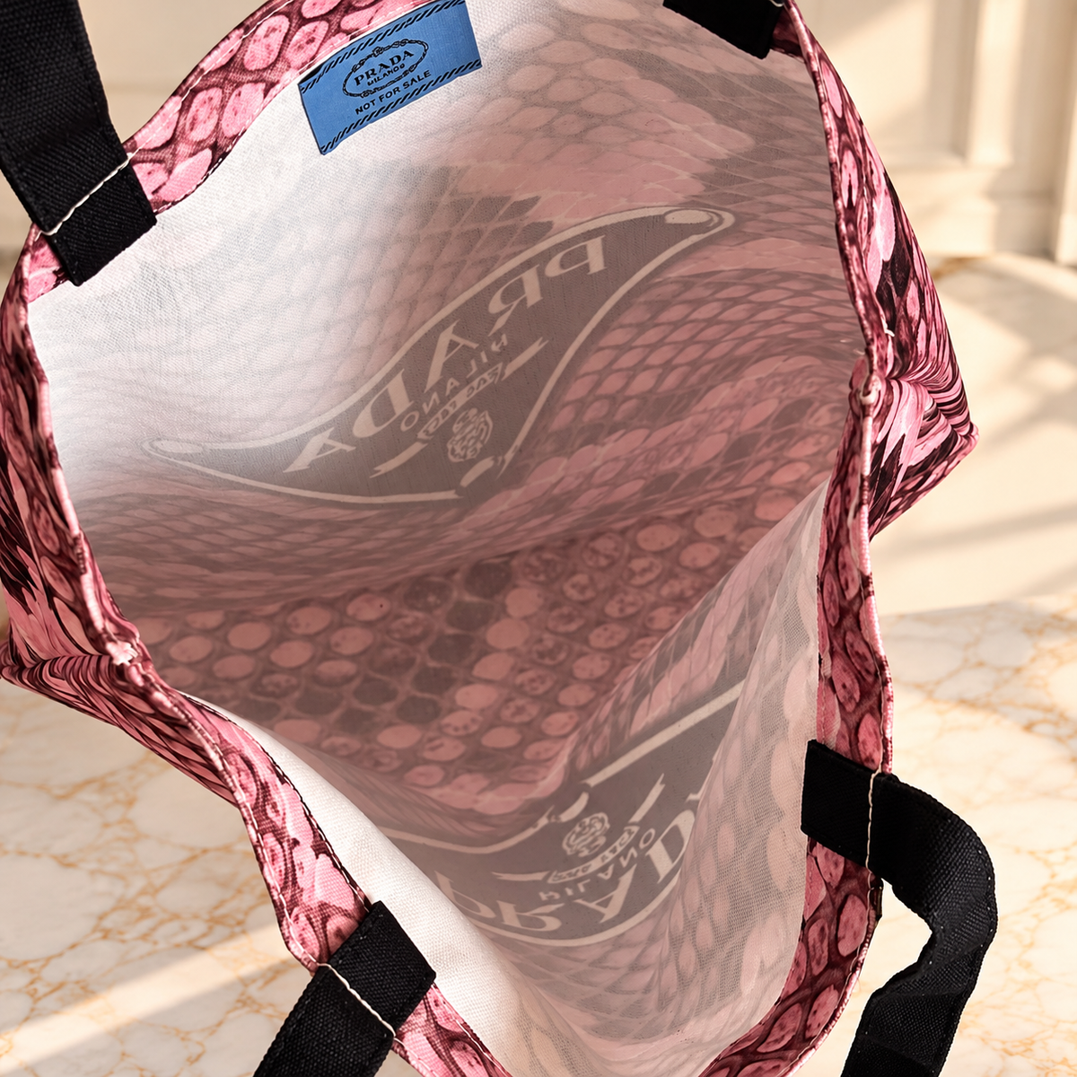 Prada GWP Pink Snakeskin-Print Tote Bag | Black Shoulder Straps
