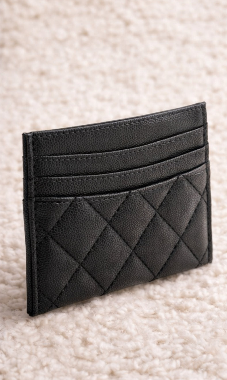 Quilted Leather Card Holder – Black/Gold
