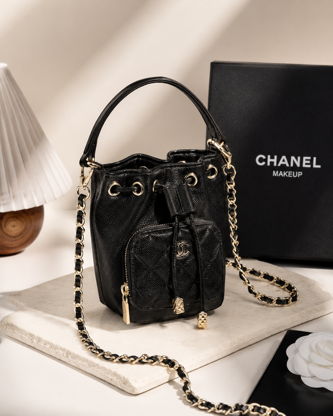 Chanel Beauté VIP GWP Micro Bucket Bag – Black Caviar Texture with Gold Hardware