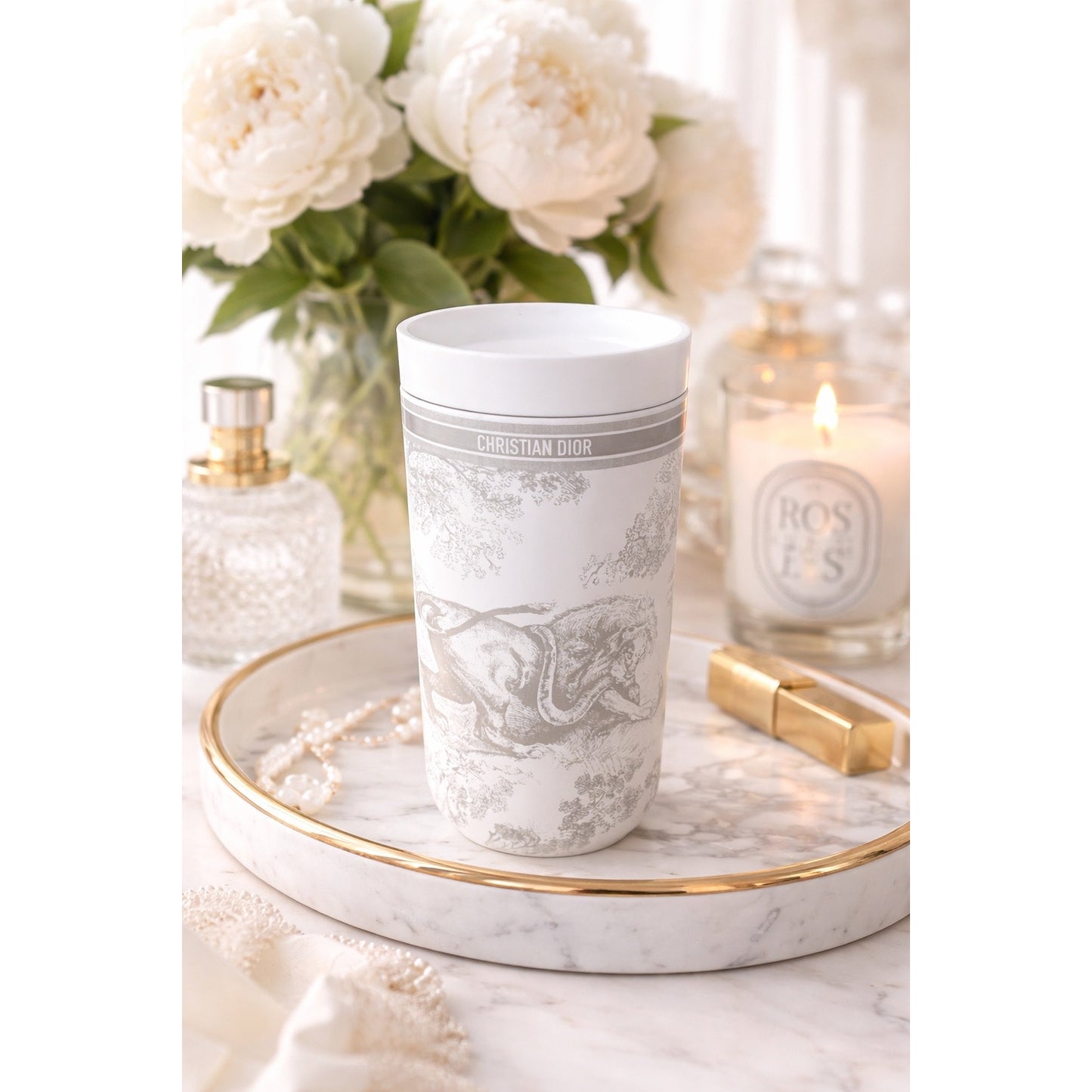 Dior Parfums GWP Toile Print Travel Coffee Cup – White Tumbler
