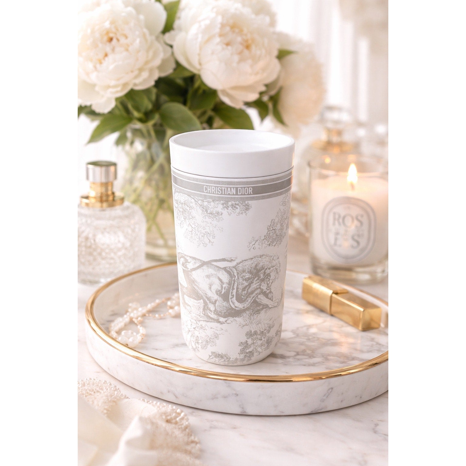 Dior Parfums GWP Toile Print Travel Coffee Cup – White Tumbler