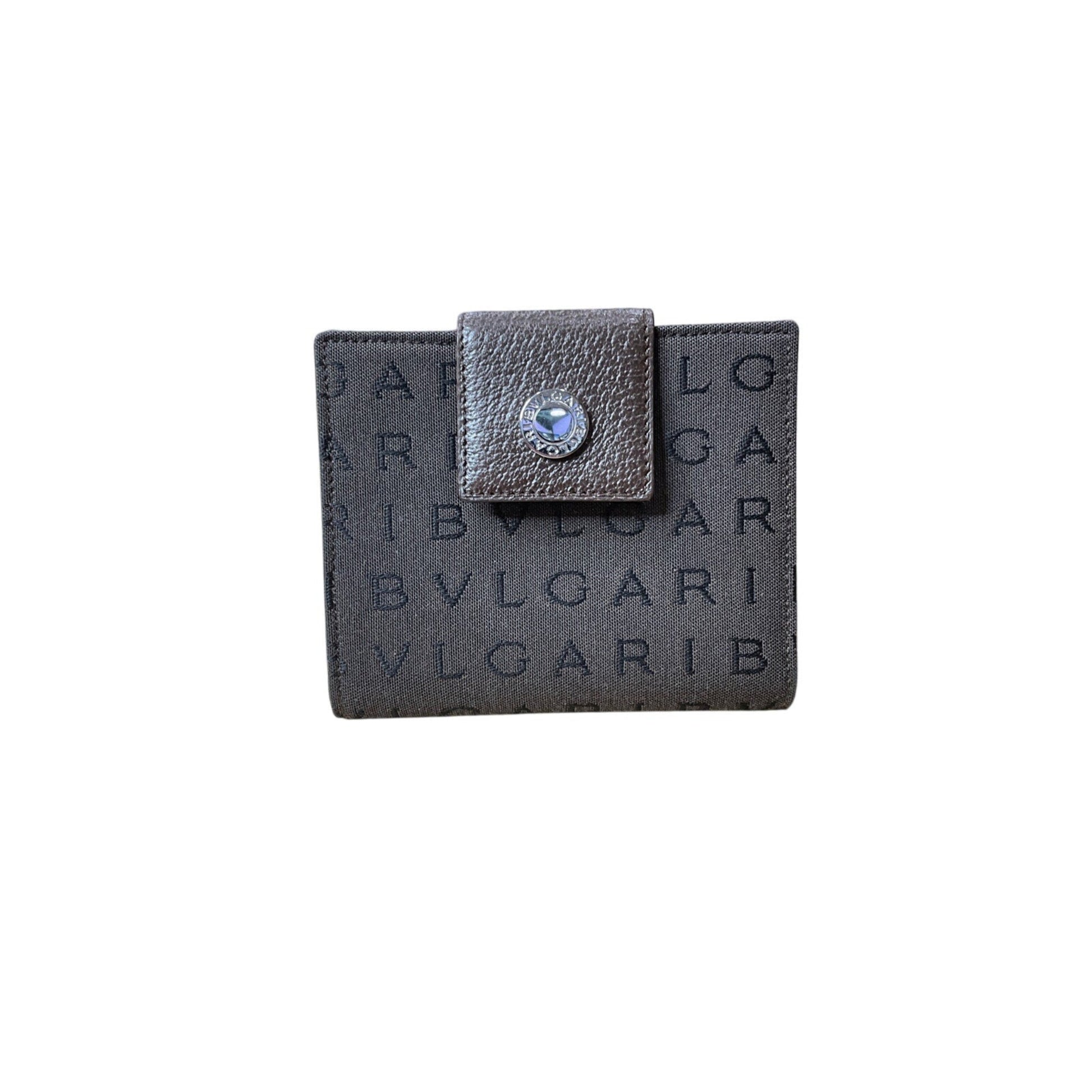 Bulgari wallet with a decorative clasp on a white background