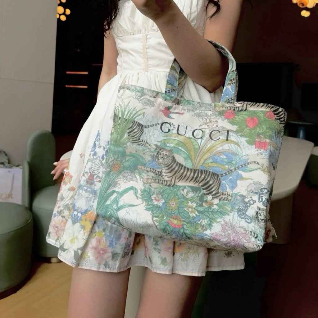 Floral Tiger Print Canvas Tote Bag - S