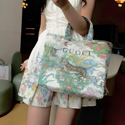 Floral Tiger Print Canvas Tote Bag - S