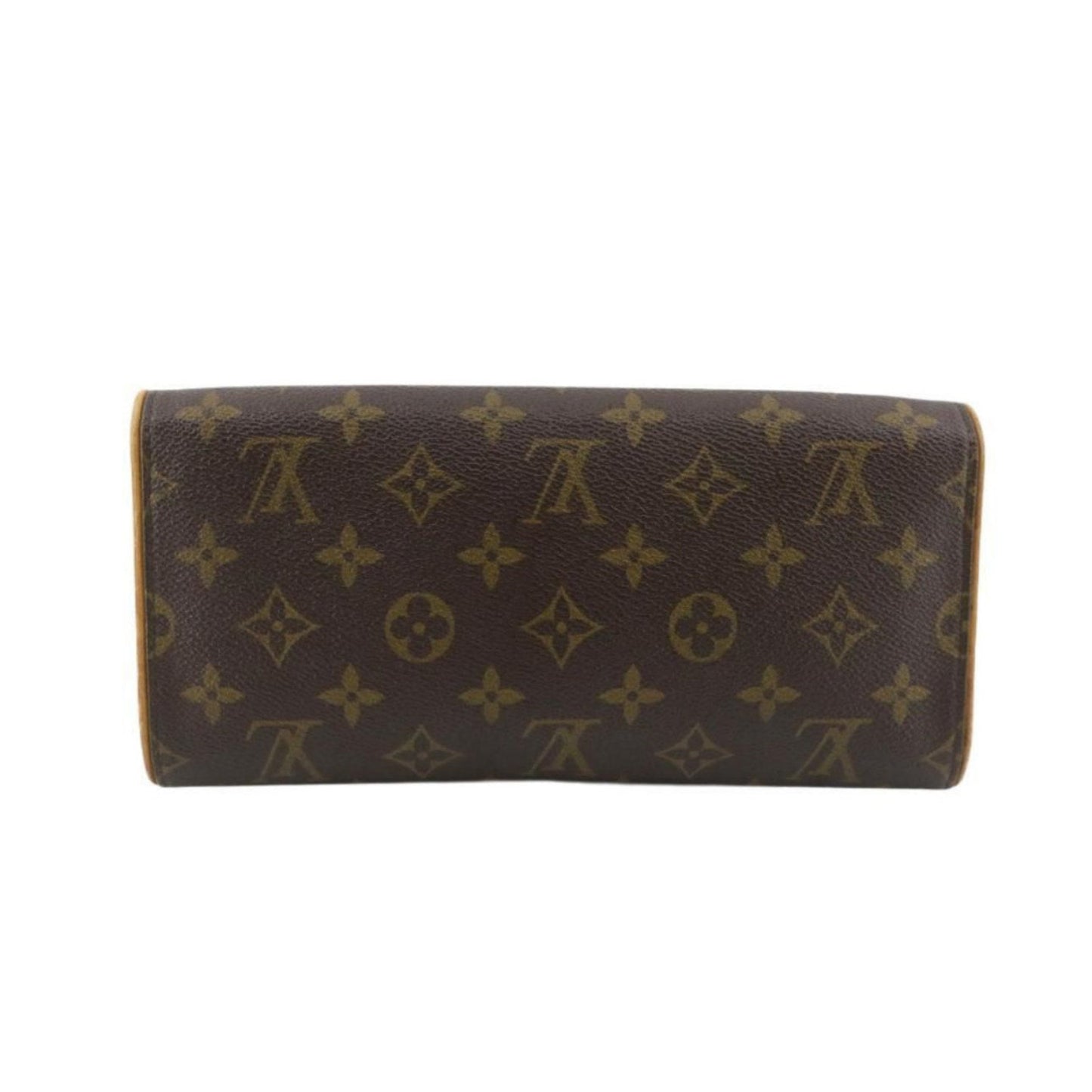 Brown wallet with gold monogram pattern on a white background