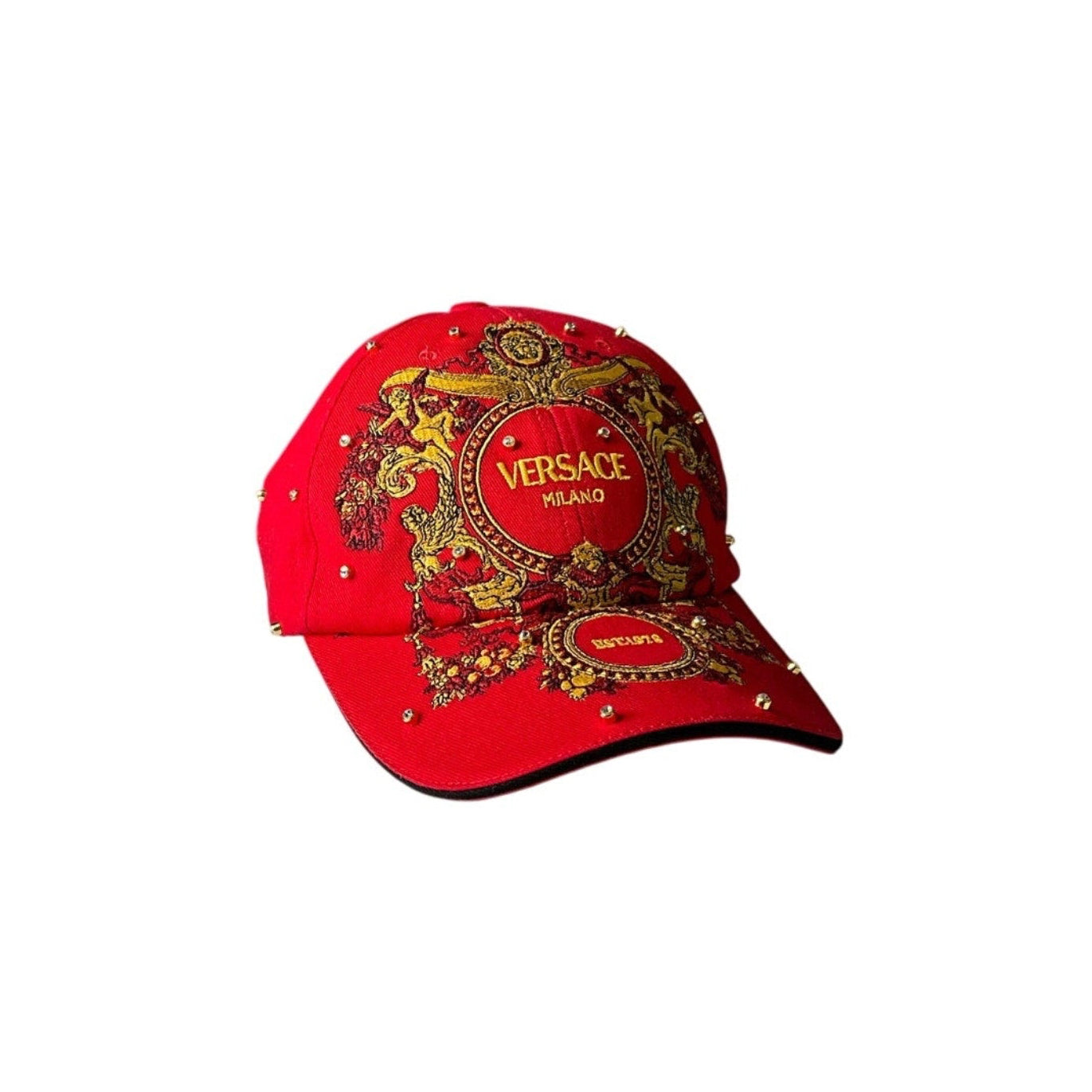 Red Versace cap with gold emblem on a white background
