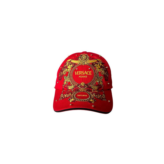 Red Versace cap with gold emblem on a white background
