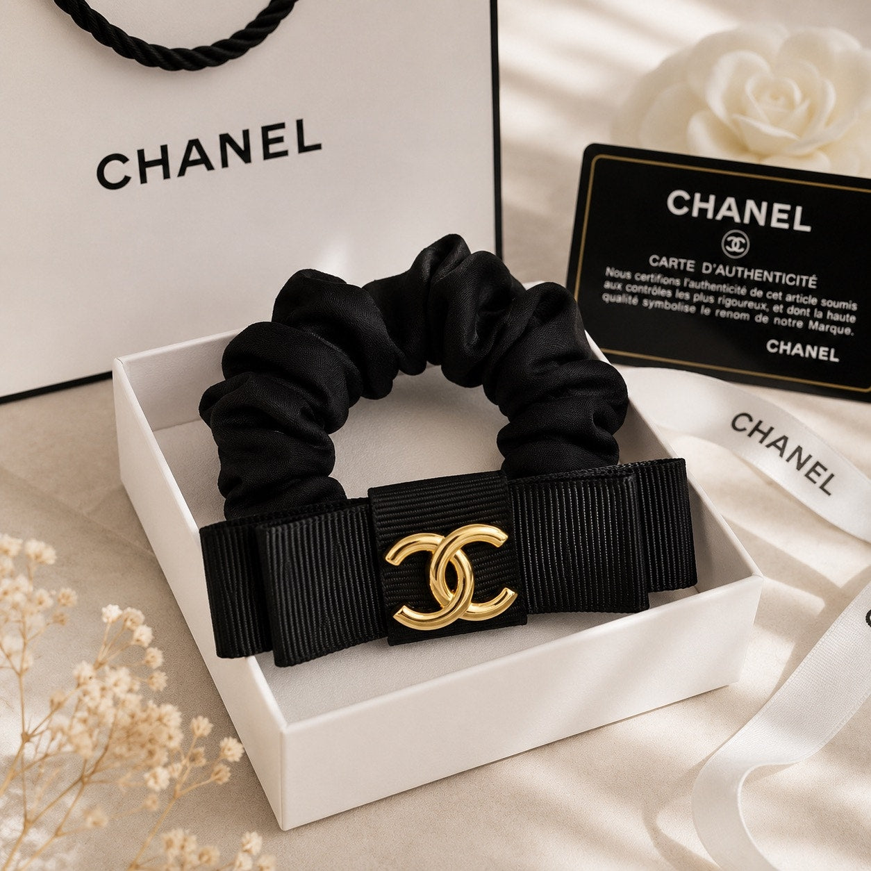 Chanel Beauté Bow Scrunchie Hair Accessory – Black Satin & Gold CC GWP
