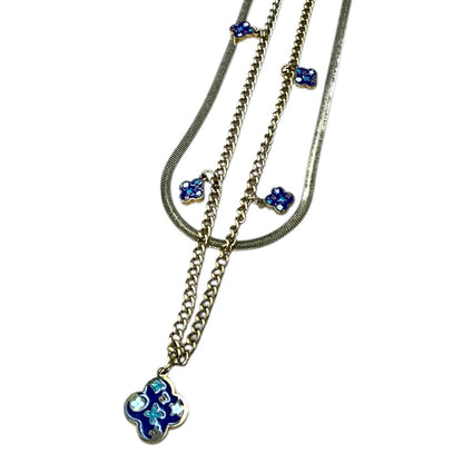 Layered Gold Chain Necklace with Blue Enamel Charm