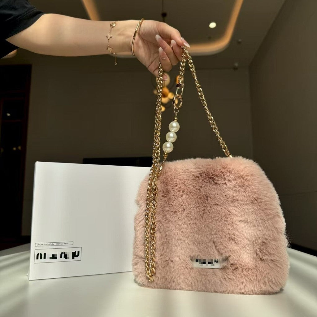 Miu Miu Faux Fur Shoulder Bag with Chain Strap – Blush Pink