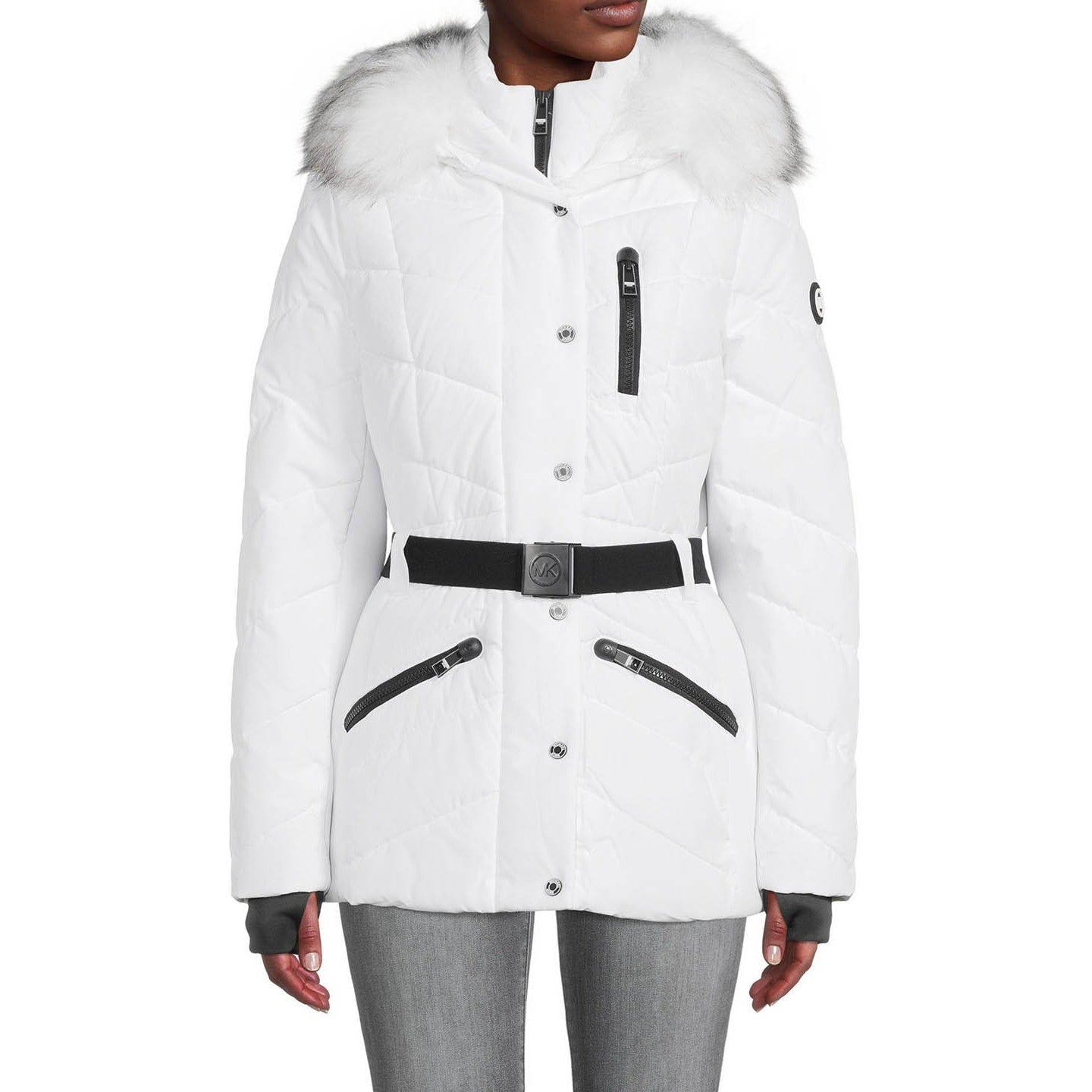 MICHAEL KORS Faux Fur Trim Quilted Puffer Coat - WHITE