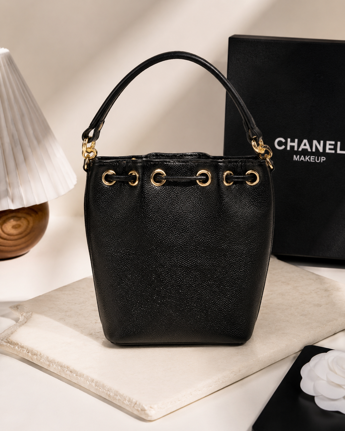 Chanel Beauté VIP GWP Micro Bucket Bag – Black Caviar Texture with Gold Hardware