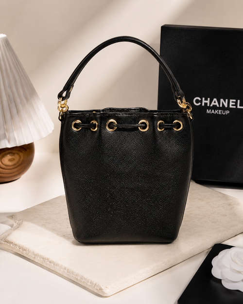 Chanel Beauté VIP GWP Micro Bucket Bag – Black Caviar Texture with Gold Hardware