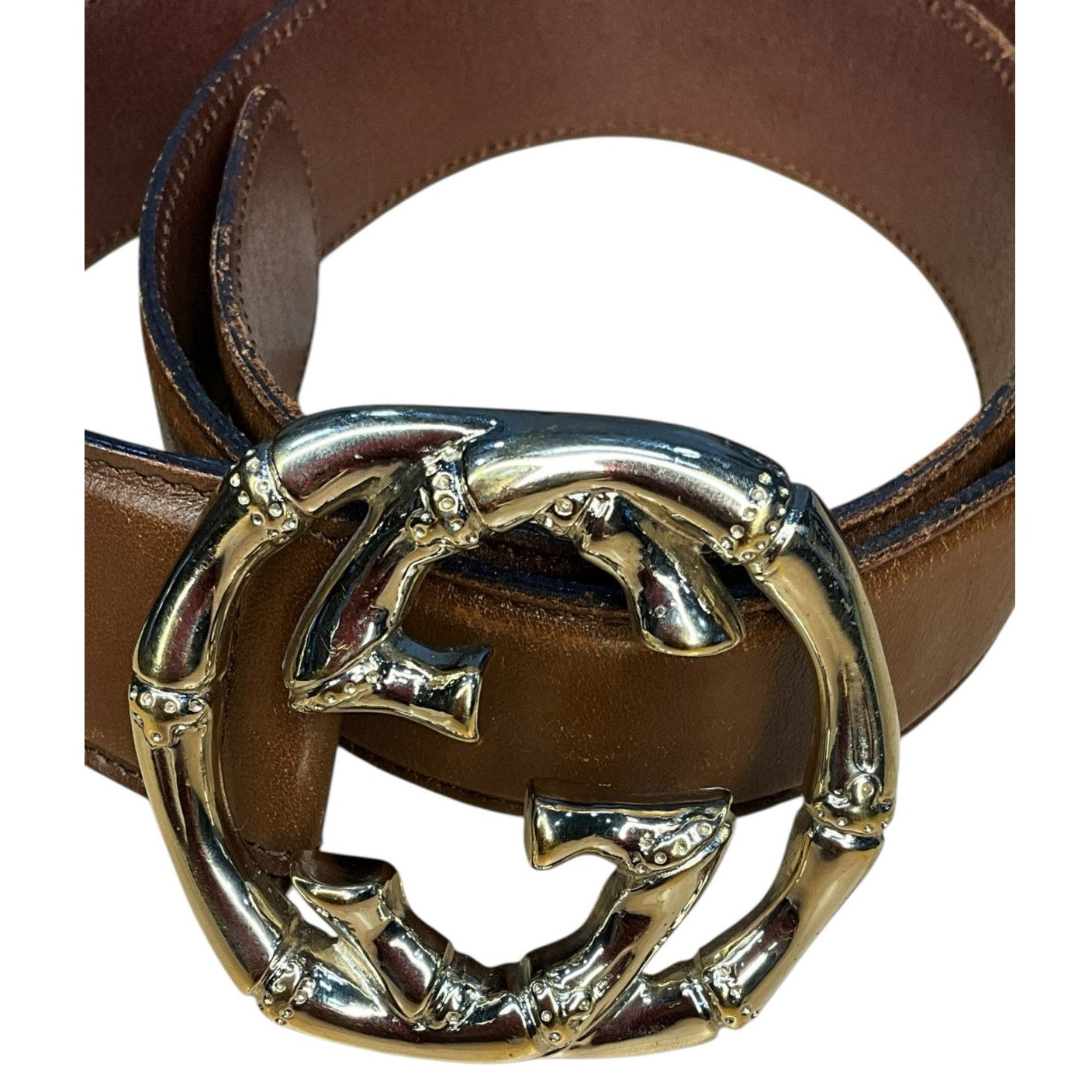 34. Gucci Brown Leather Gold Bamboo Belt