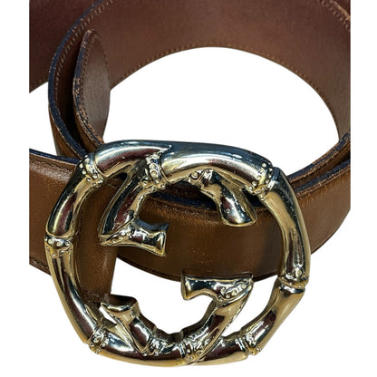 34. Gucci Brown Leather Gold Bamboo Belt