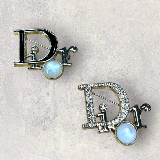 Initial “D” Style Crystal Brooch Pin with Stone – Gold Tone