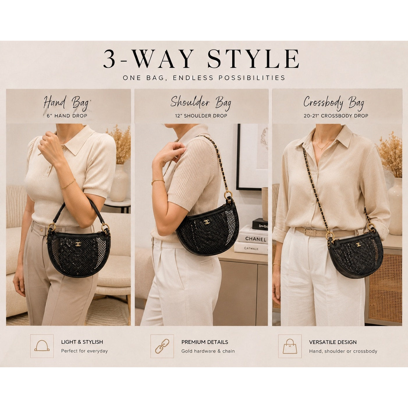 GWP Black Half-Moon Mesh Shoulder Bag with Detachable Mini Pouch