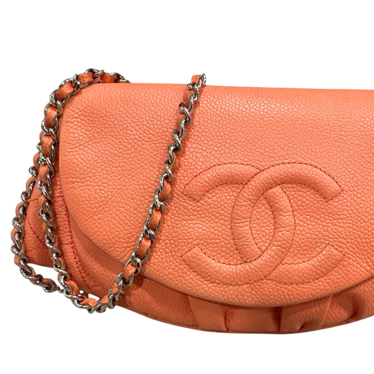 Chanel CORAL Caviar Leather Half Moon Wallet On Chain - Clairely Amazing
