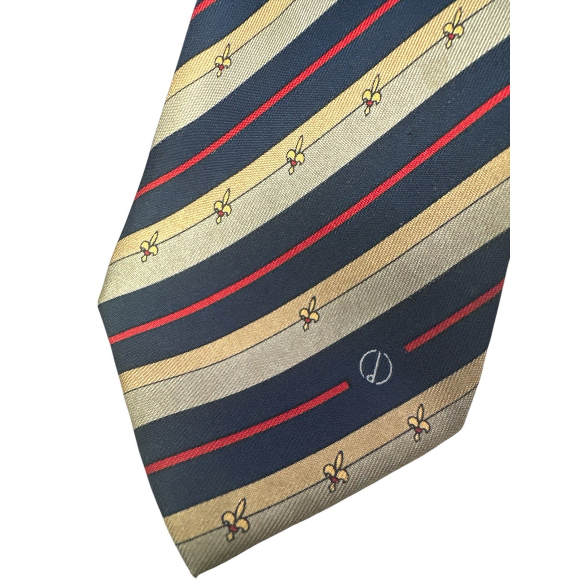 Striped tie with red, beige, and navy pattern on a white background