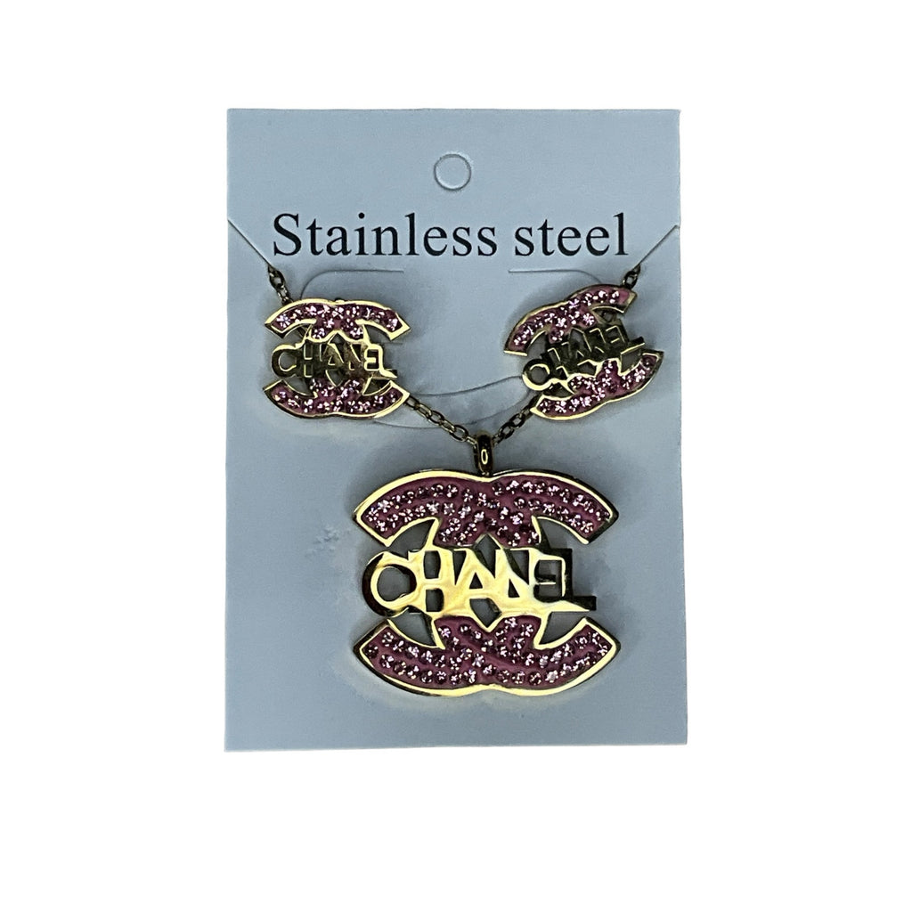 Stainless Steel Double C Style Necklace & Earrings Set – Rhinestone Jewelry