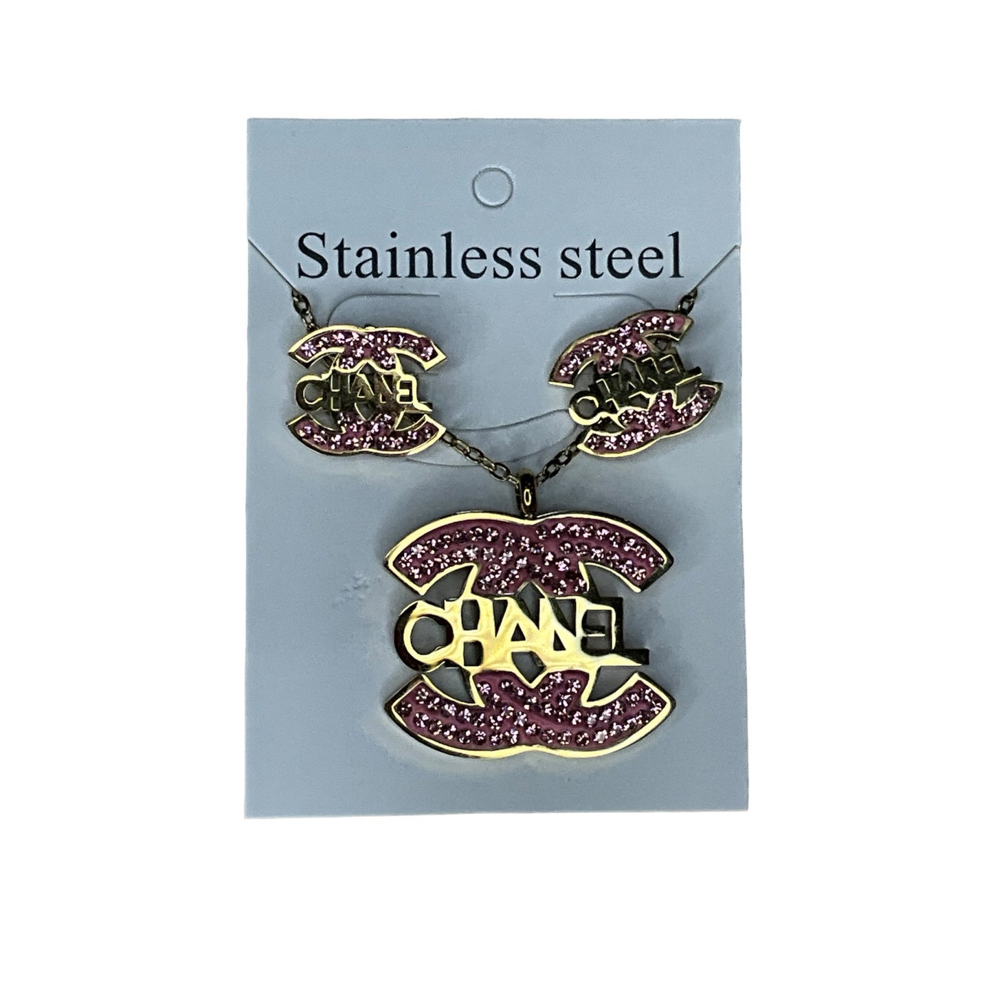 Stainless Steel Double C Style Necklace & Earrings Set – Rhinestone Jewelry