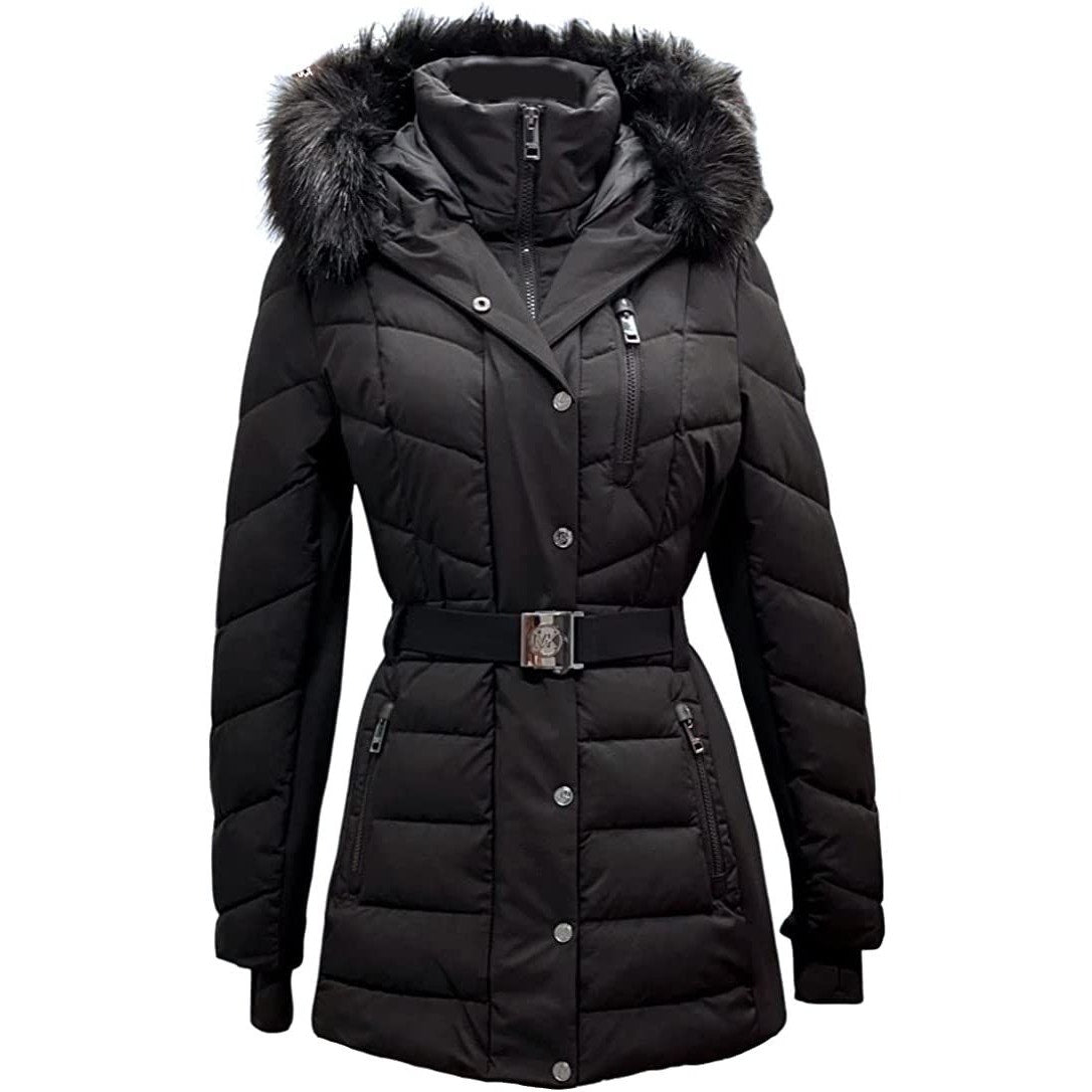 Michael Kors Active Belted Puffer with Faux Fur Trim Hood - BLACK