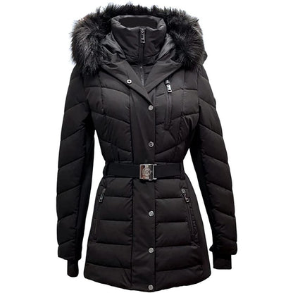 Michael Kors Active Belted Puffer with Faux Fur Trim Hood - BLACK