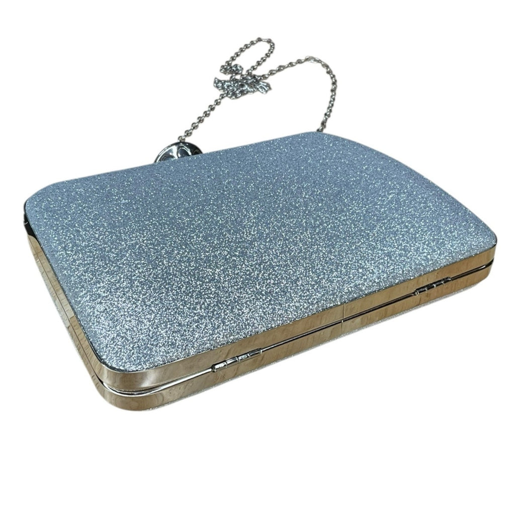 Silver glitter box clutch with a chain strap