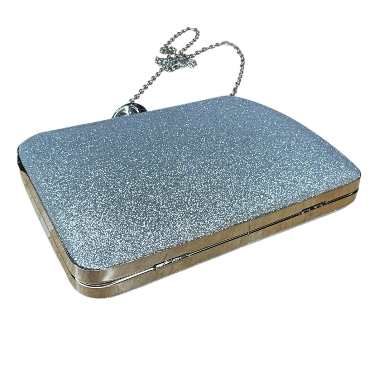 Silver glitter box clutch with a chain strap
