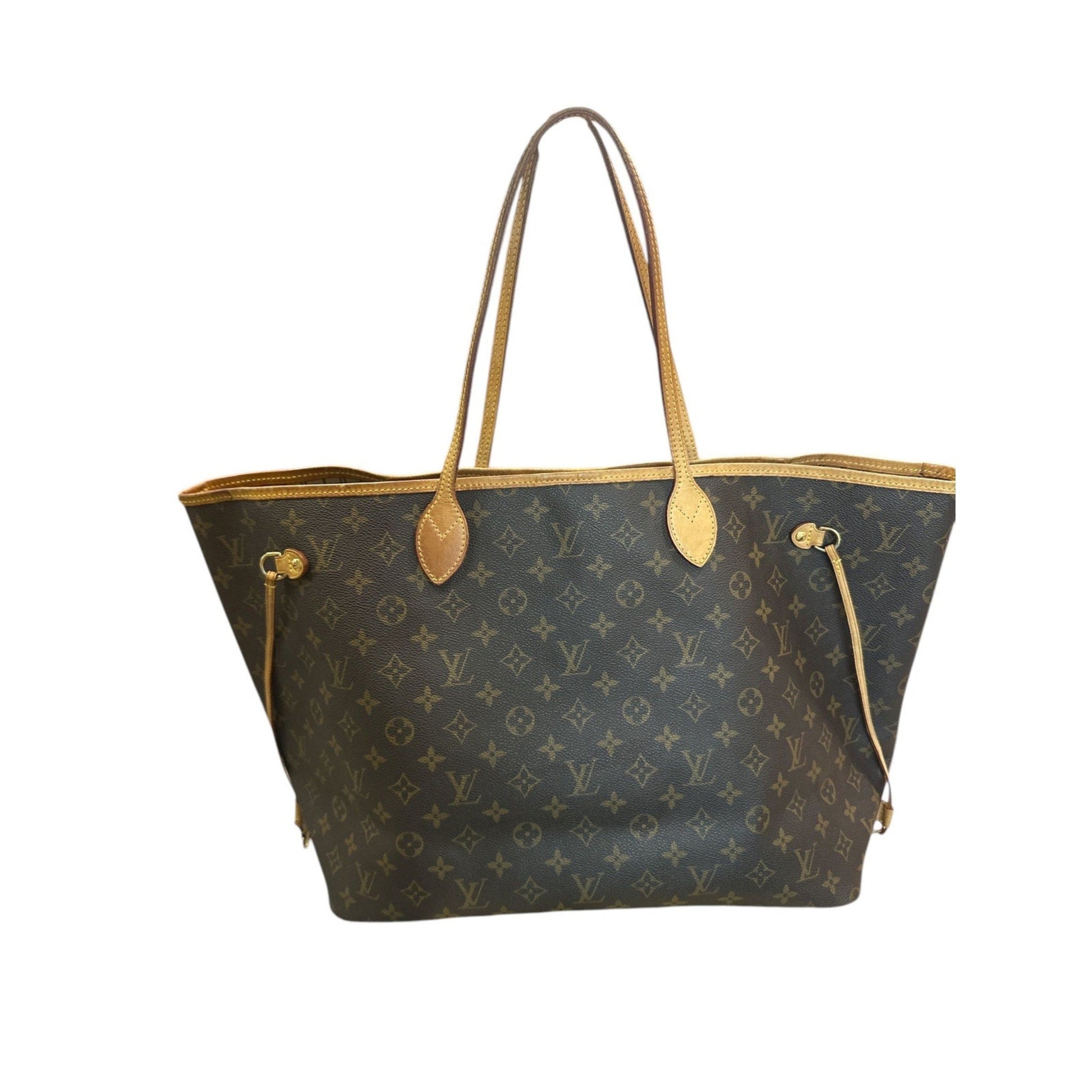 Designer handbag with monogram pattern on a white background