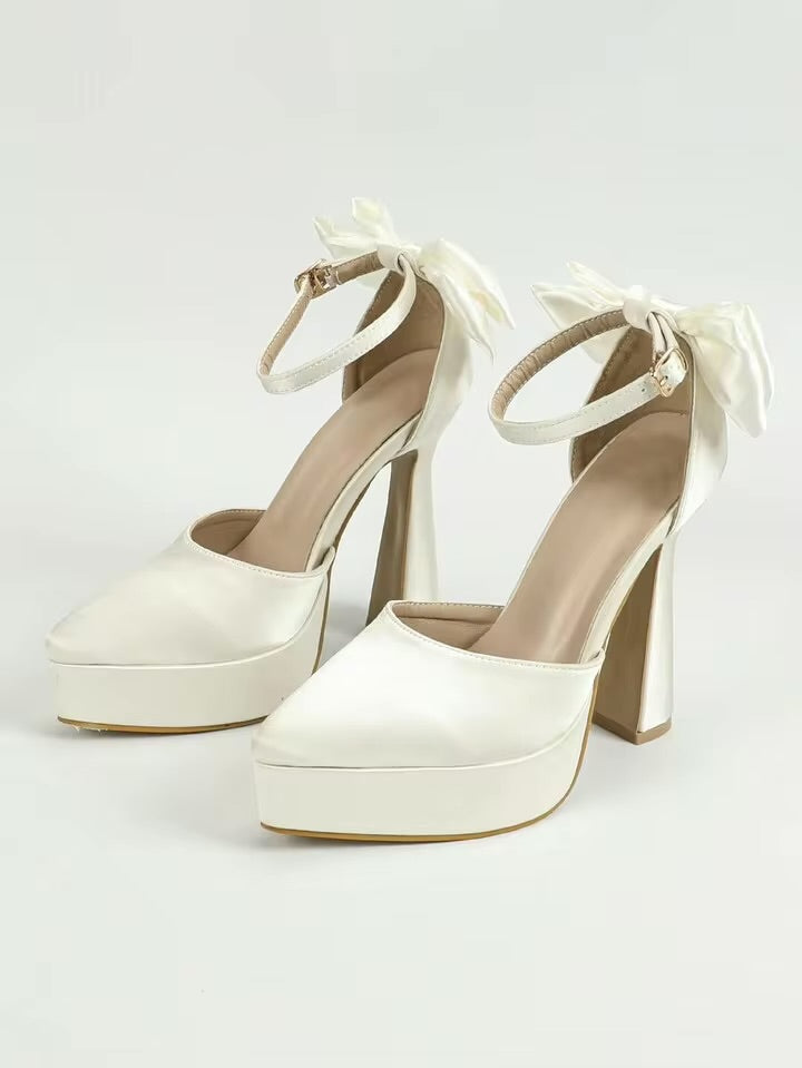 Women’s Satin Bow Platform Heels – White