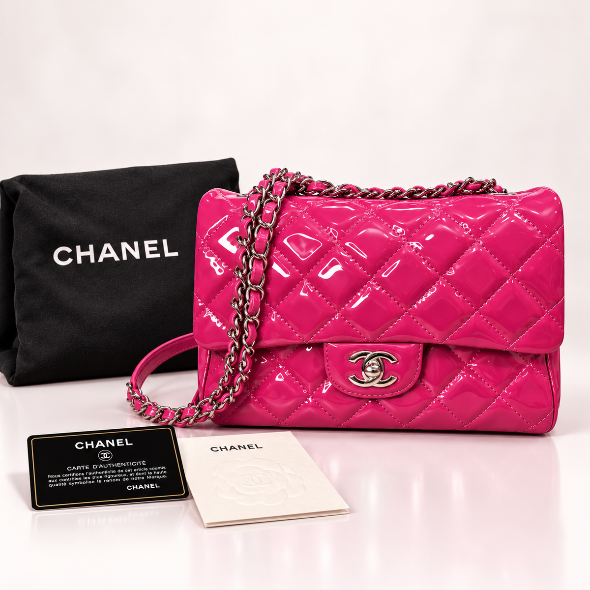 Authentic Chanel Pink Patent Double Compartment Flap Bag – Medium