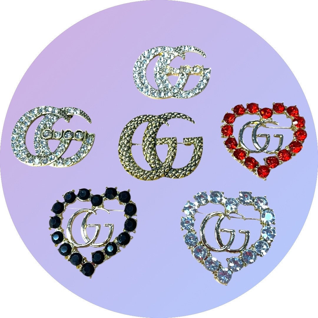 Crystal Double G Style Brooch Pin – Various Designs & Colors