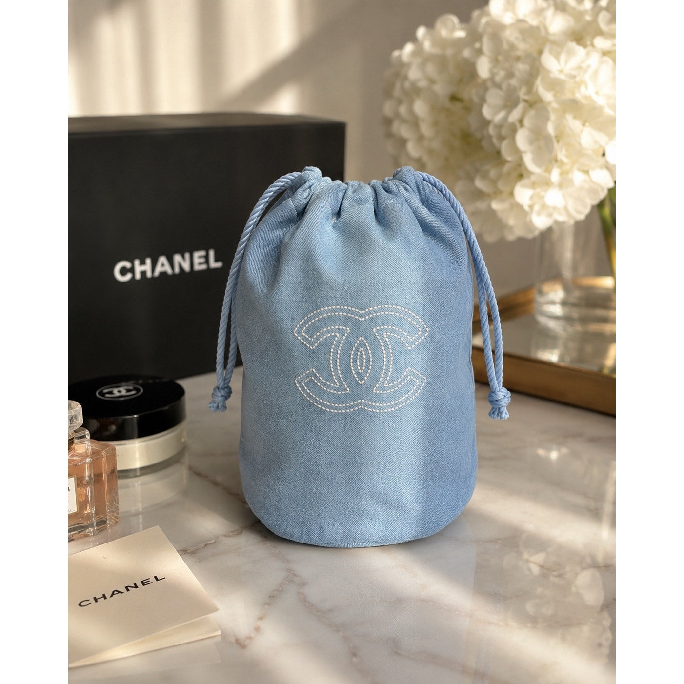 Chanel Beauty GWP Denim Drawstring Bucket Cosmetic Pouch with Box | Blue Makeup Travel Bag