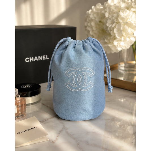 Chanel Beauty GWP Denim Drawstring Bucket Cosmetic Pouch with Box | Blue Makeup Travel Bag