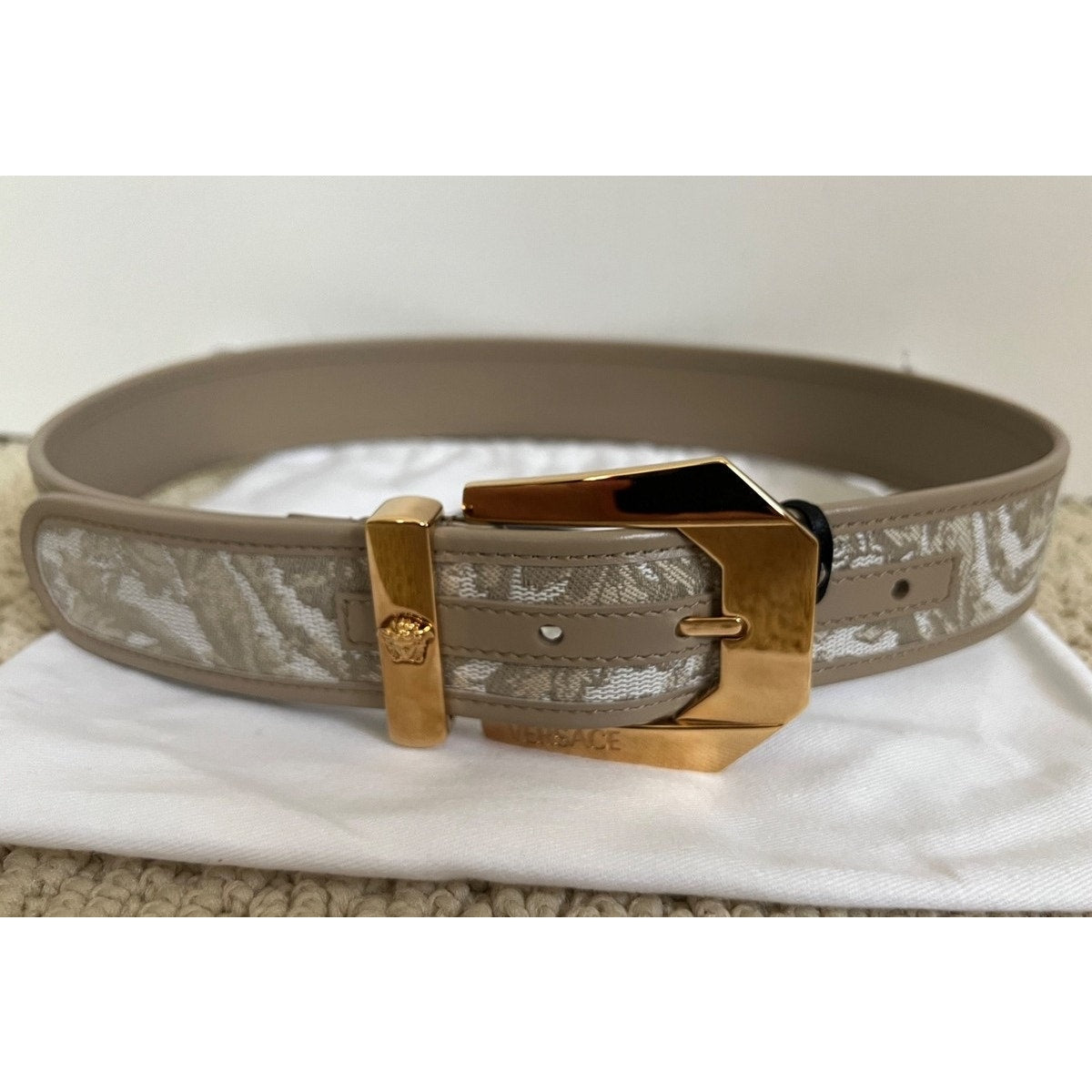 Versace Medusa Heritage Barocco Jacquard Logo Buckle Leather Belt