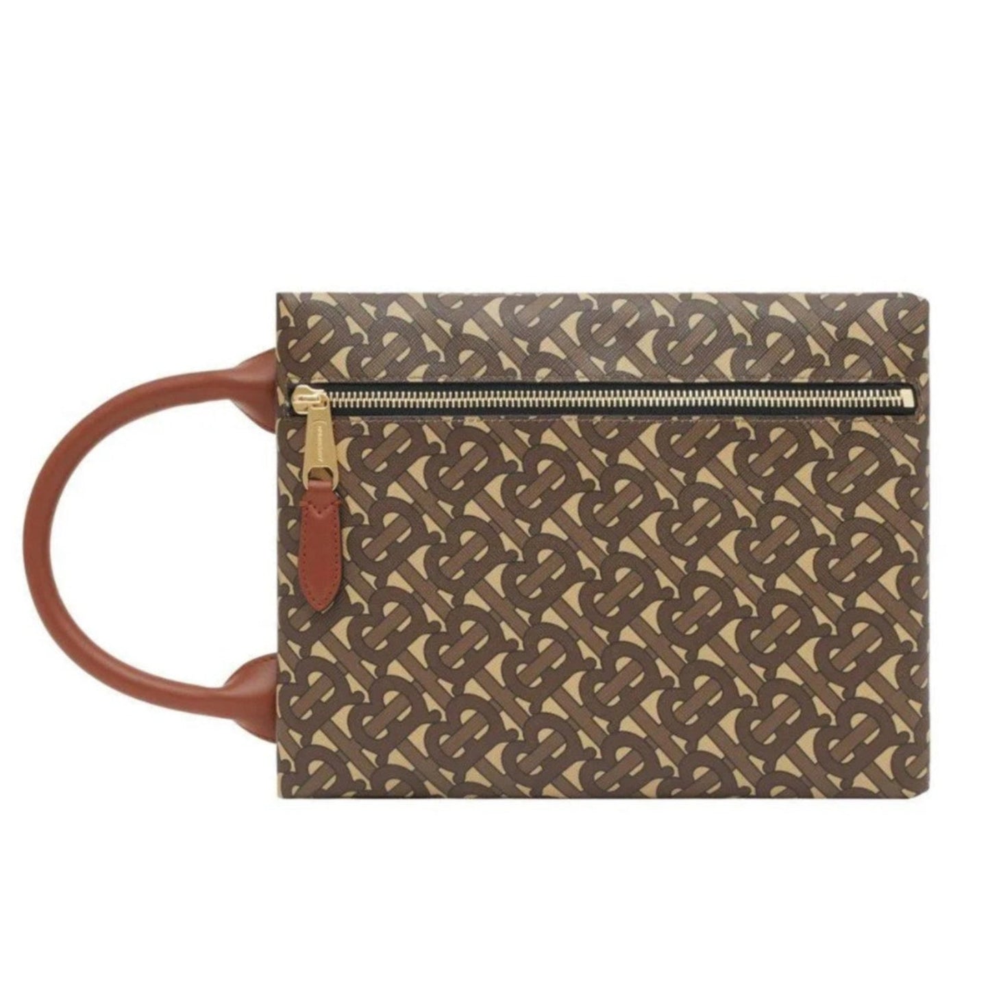 Patterned handbag with a brown handle on a white background