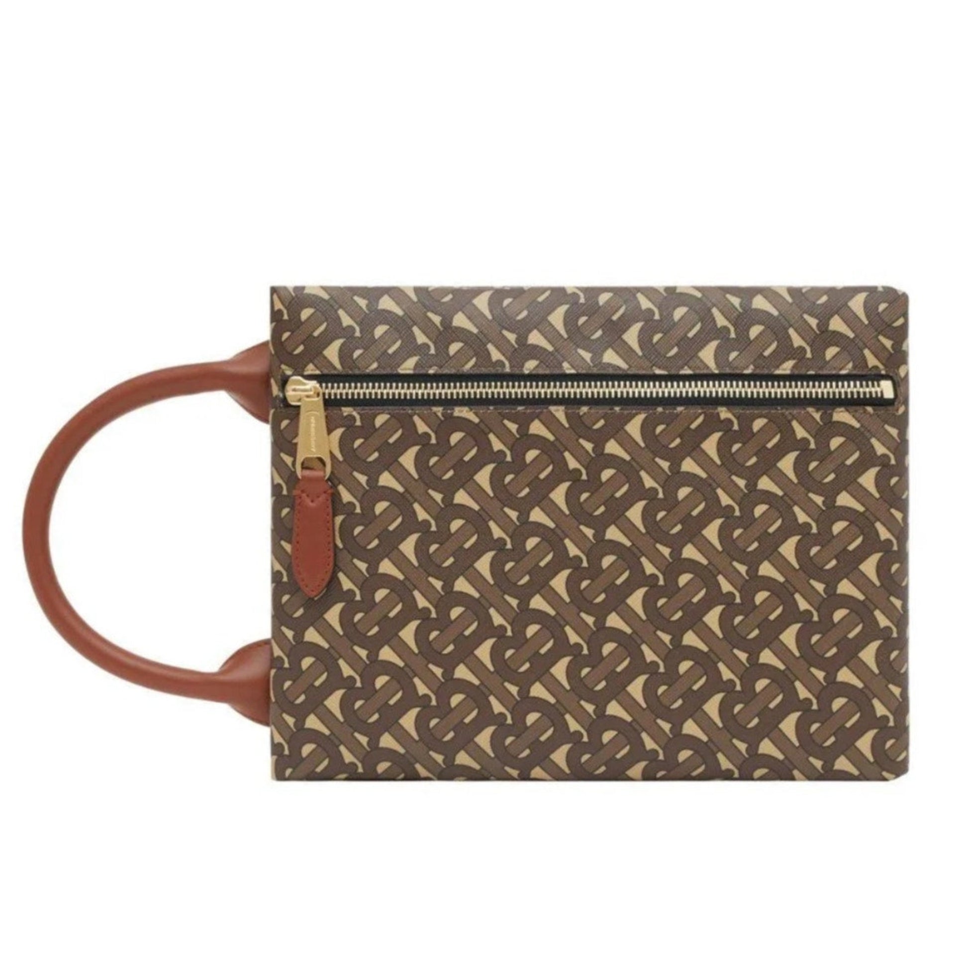 Patterned handbag with a brown handle on a white background