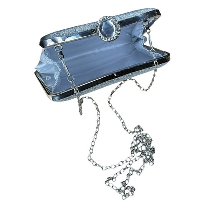Silver glitter box clutch with a chain strap