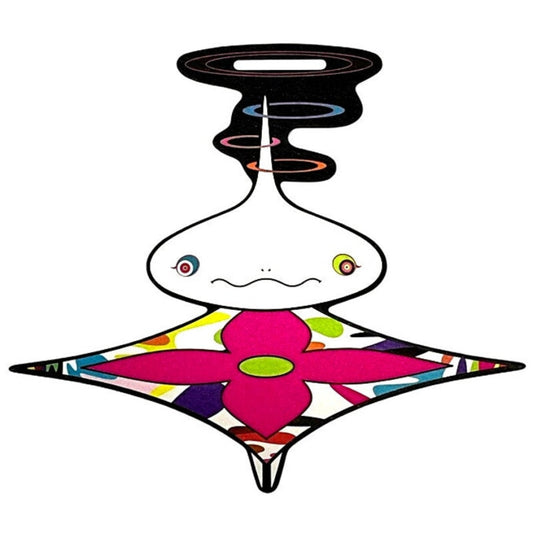 Colorful, abstract design with a stylized face and flower-like shape on a white background