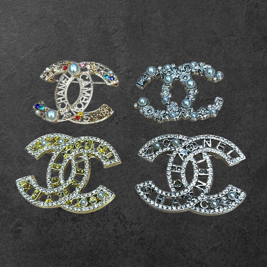 Crystal Double C Style Brooch Pin – Various Designs & Finishes