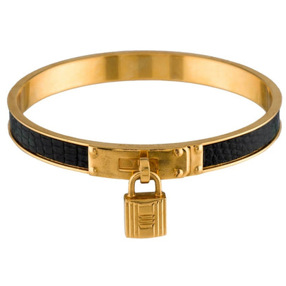 Hermes Lizard Kelly Lock Black & Gold Bangle