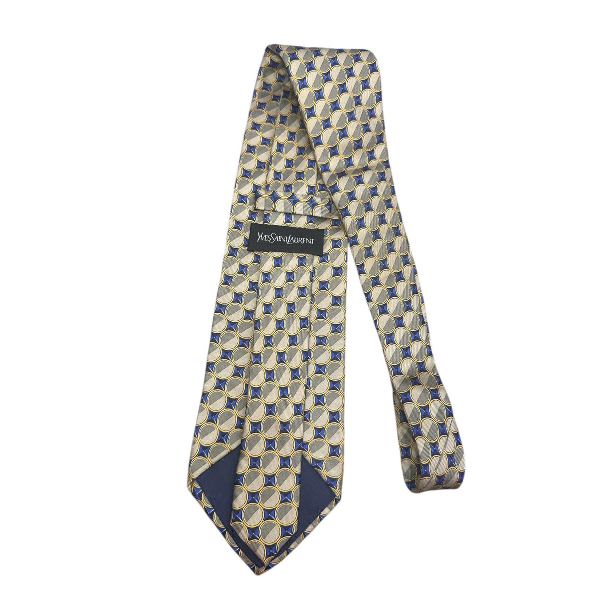 Patterned tie with a brand label on a white background