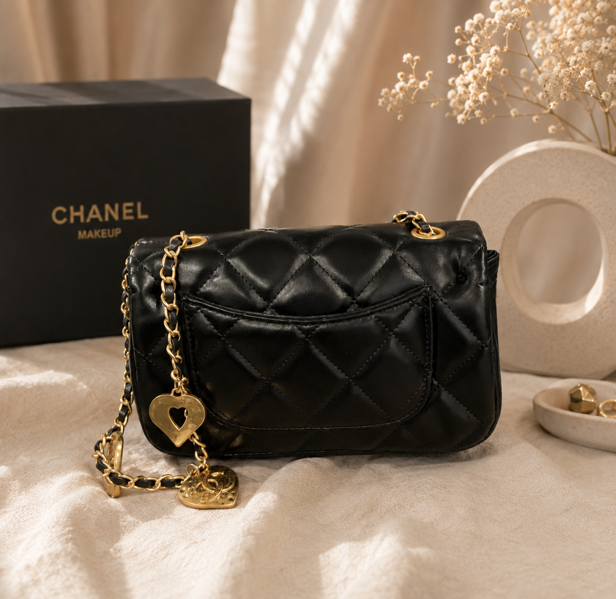 Chanel Beauté GWP VIP Black Quilted Heart Charm Crossbody Bag
