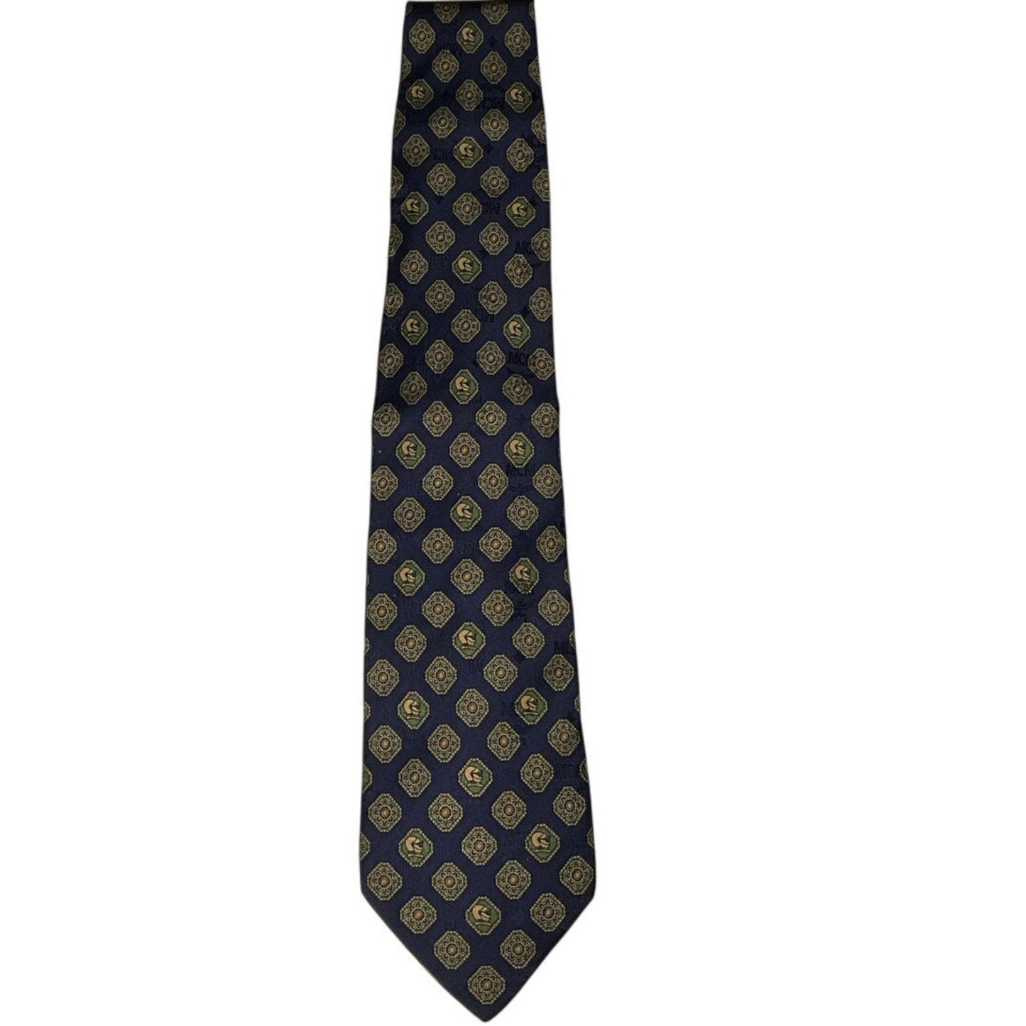 Navy blue tie with gold geometric pattern on a white background