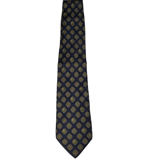 Navy blue tie with gold geometric pattern on a white background