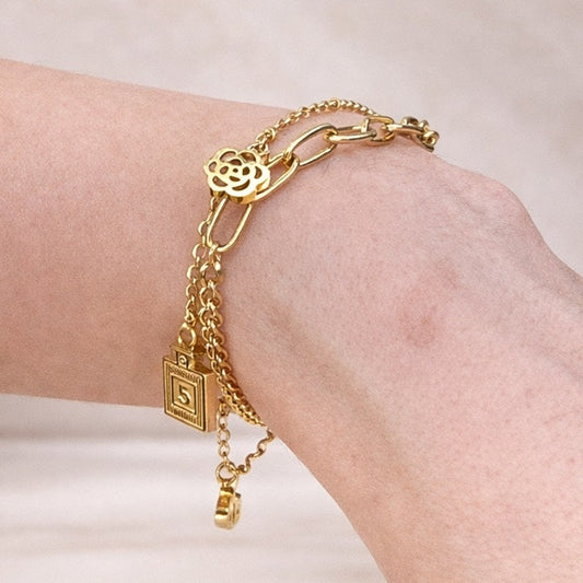 Layered Gold Tone Charm Chain Bracelet