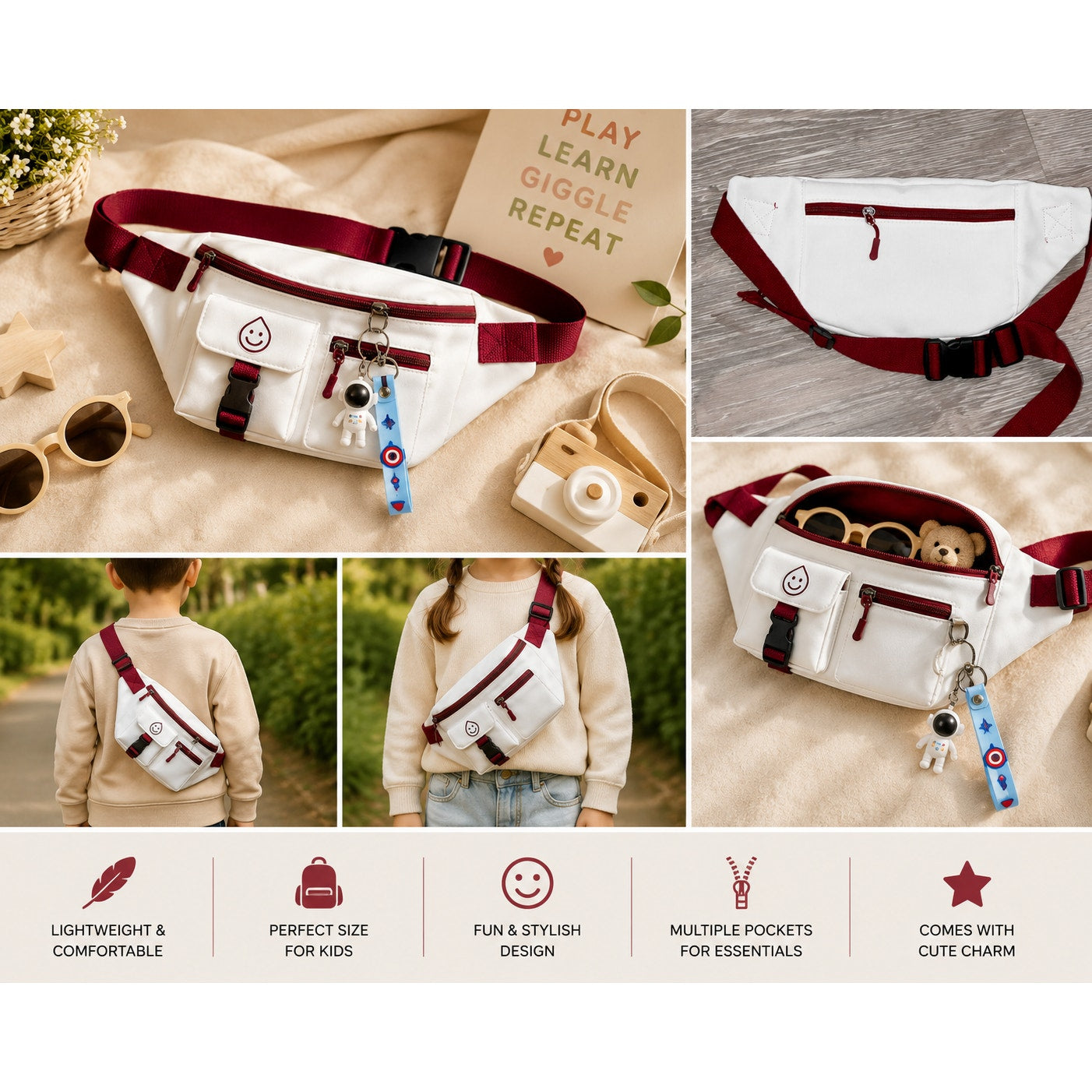 Giggle Scape™ Kids Fanny Pack | Adjustable Waist Bag with Cute Charm & Multiple Pockets