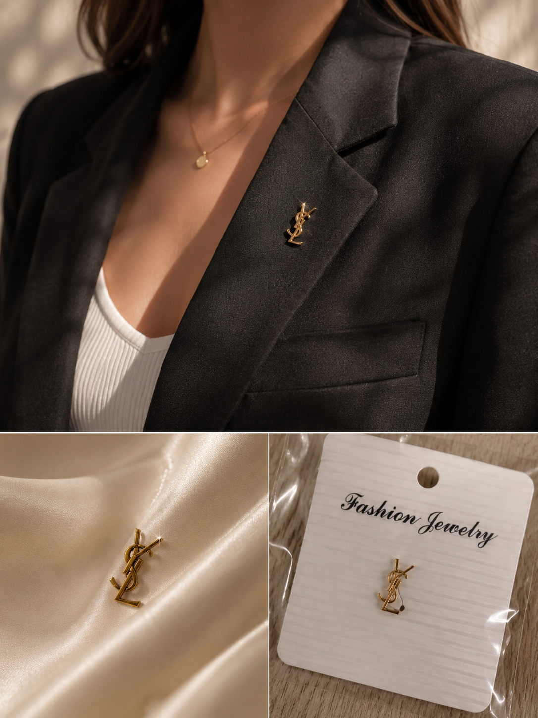 Crystal Monogram Style Brooch Pin – Gold or Silver Tone