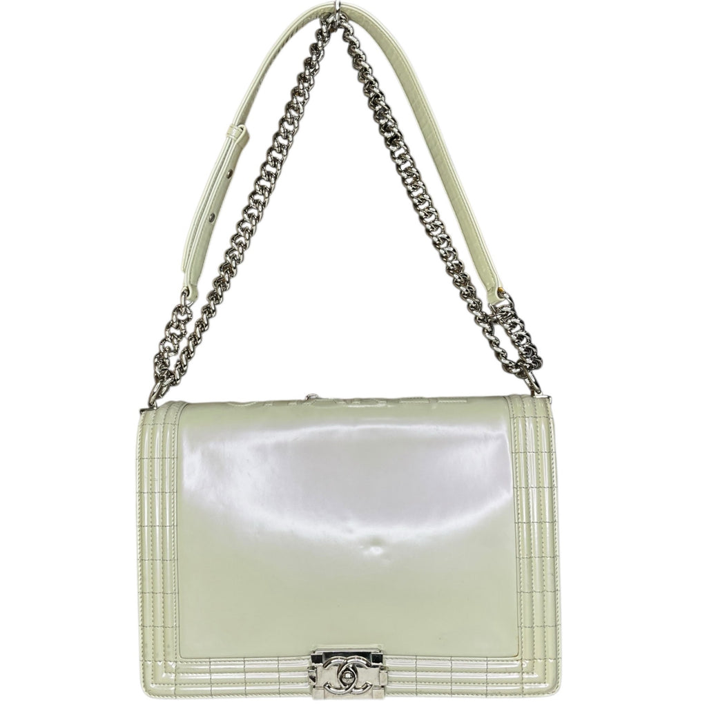 Chanel Pearl Iridescent Glazed Patent Leather Large Reverso Boy Flap Bag